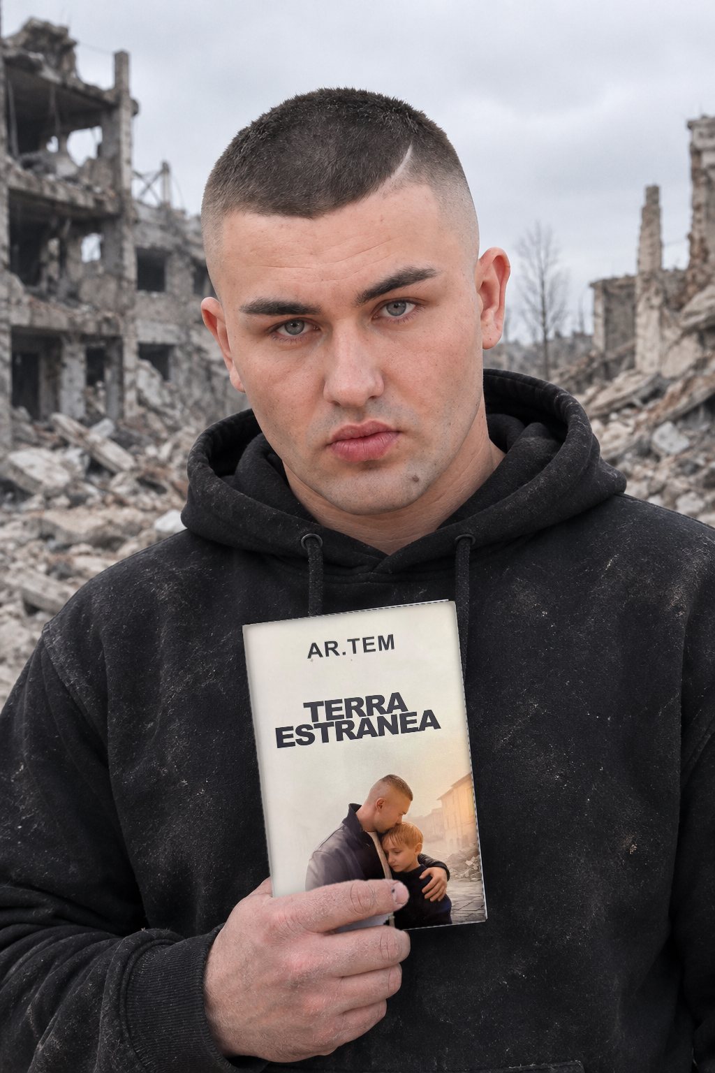 Artem tra le macerie con in mano Terra Estranea